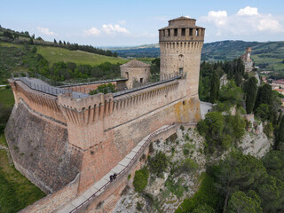 Fototapeta na wymiar Drone view at the fortress and clocktower of Brisighella in Italy
