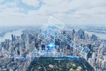 Aerial panoramic helicopter city view of Midtown Manhattan neighborhoods and Central Park, New York, USA. Glowing hologram legal icons. The concept of law, order, regulations and digital justice - obrazy, fototapety, plakaty