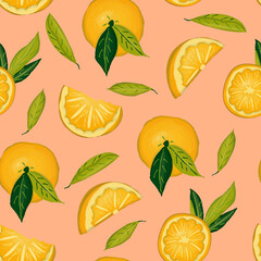 Seamless watercolor hand drawn pattern of orange with leaves for wallpaper, print, textile, fabric, wrapping paper. Flat vector illustration