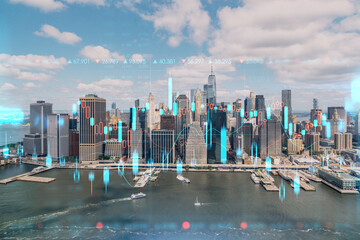 Aerial panoramic helicopter city view on Lower Manhattan district and financial Downtown, New York,...