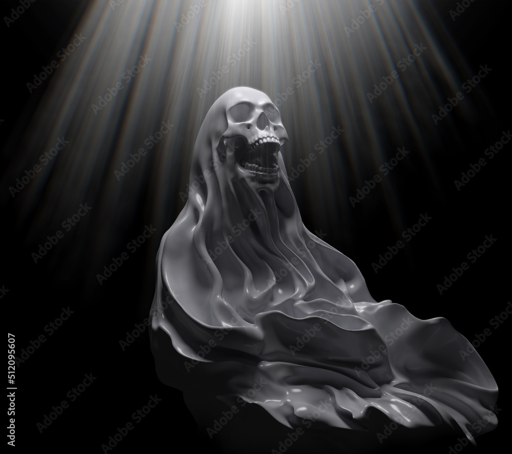 Aufkleber abstract concept illustration from 3d rendering of white marble veiled scary screaming skull figure 