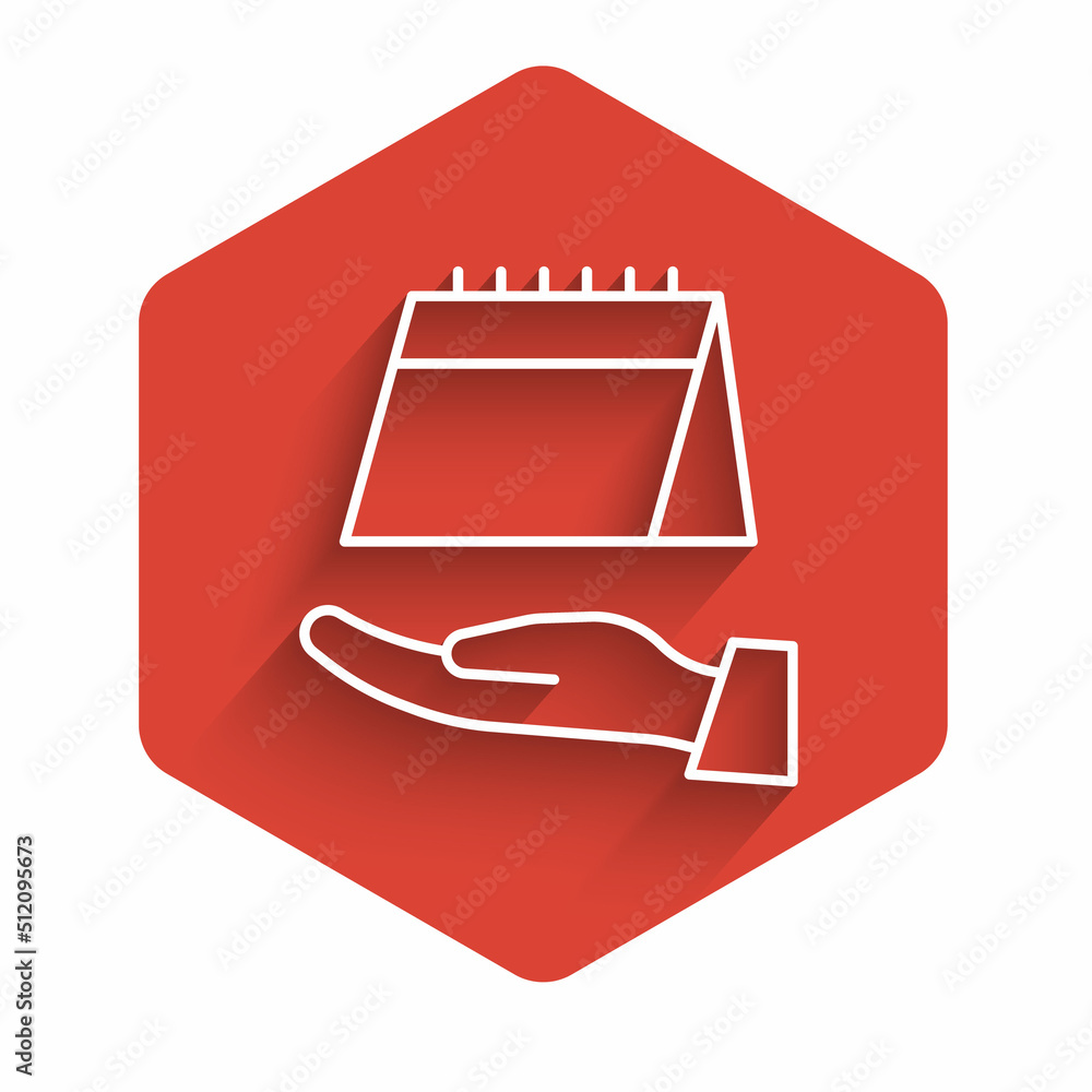 Poster white line calendar icon isolated with long shadow. event reminder symbol. red hexagon button. vecto