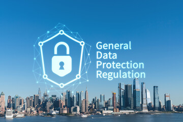 New York City skyline from New Jersey over the Hudson River towards the Hudson Yards at day. Manhattan, Midtown. GDPR hologram, concept of data protection, regulation and privacy for all individuals