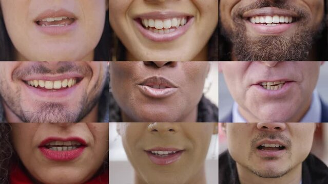 Collage of diverse group of nine mouths of different genders and ethnicities all talking to camera