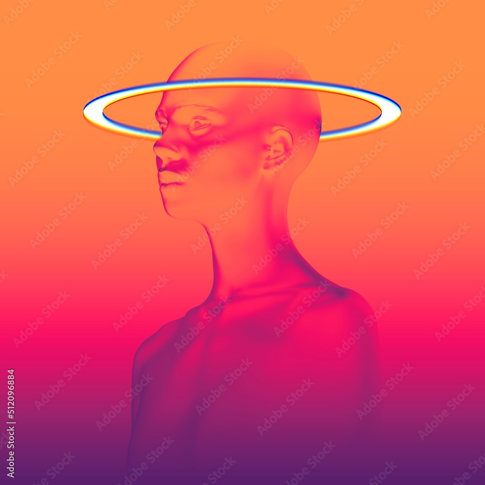 Poster abstract illustration from 3d rendering of female bust figure with white halo light ring isolated on