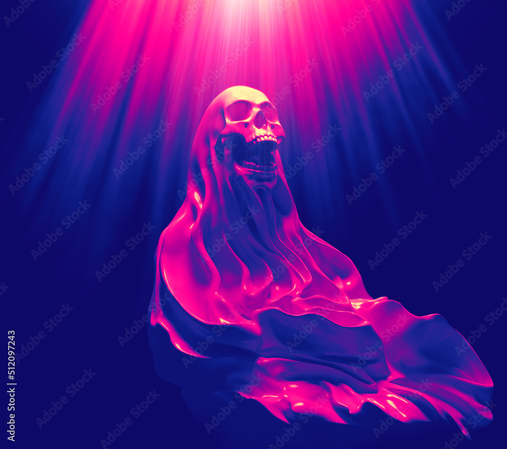 Poster abstract colorful concept illustration from 3d rendering of veiled scary screaming skull figure with