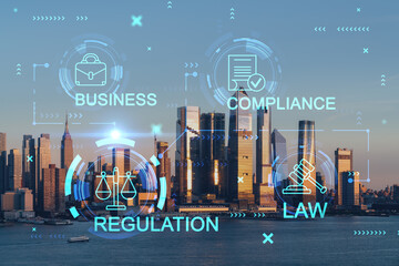 New York City skyline from New Jersey over Hudson River with Hudson Yards skyscrapers at sunset. Manhattan, Midtown. Hologram legal icons. The concept of law, order, regulations, digital justice