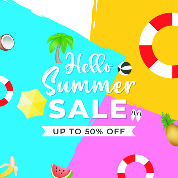Hello summer poster banner template with tropical fruits. 