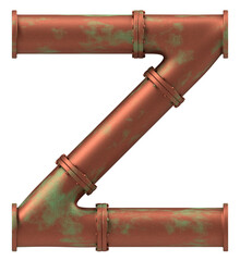 Letter Z made of rusty copper pipes, isolated on white, 3d rendering