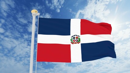 Fototapeta na wymiar Flag of dominican republic waving in the wind, sky and sun background. Dominican Republic Flag 3d rendering. 