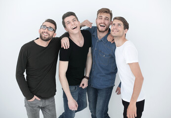 group of happy young men looking up