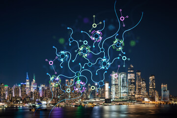 New York City skyline from New Jersey over the Hudson River with Hudson Yards at night. Manhattan, Midtown. Artificial Intelligence concept, hologram. AI, machine learning, neural network, robotics