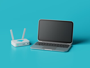 Simple wifi router and an open laptop 3d render illustration. - obrazy, fototapety, plakaty