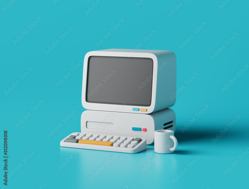 Wall mural Simple retro personal computer with cup 3d render illustration.