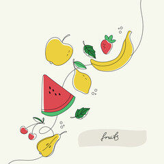 Fresh fruit concept with apple, banana, lemon, pear, cherry and strawberry. Design for fruit menu, banner, logo. Hand drawn vector illustration.