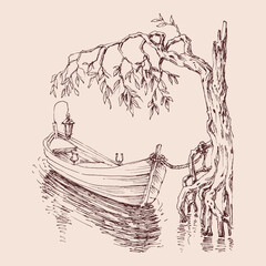 Fototapeta Empty boat on a lake anchored on shore tied to a willow tree obraz