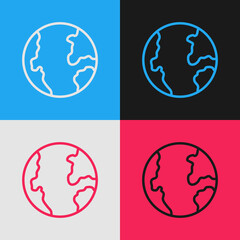 Pop art line Earth globe icon isolated on color background. World or Earth sign. Global internet symbol. Geometric shapes. Vector