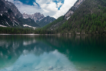 Lake Braies in Dolomites Mountains