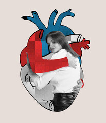 Contemporary art collage. Young sad woman hugging huge drawn human heart over light background....