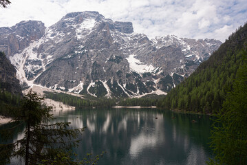 Fototapeta na wymiar Lake Braies in Dolomites Mountains