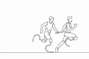 Fototapeta na wymiar Continuous one line drawing two disable runners with prosthesis leg, disability men, amputee athletes, amputees running in relay race handing over the baton. Single line draw design vector graphic
