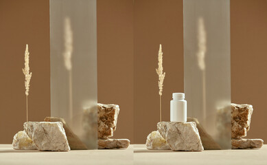 Podium of marble stones, dry plant spikelet for cosmetics presentation. Empty stone pedestal for...