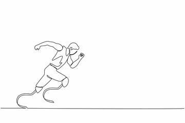 Single continuous line drawing disabled athlete runs on prostheses. Male disability runs. Disabled sportsman with amputated foot. Disabled sport, disability games. One line draw graphic design vector