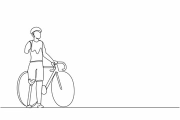 Single one line drawing man with prosthetic leg standing beside his bicycle bike. Sport training. Disability game. Disabled rehabilitation, recovery rehab. Continuous line draw design graphic vector