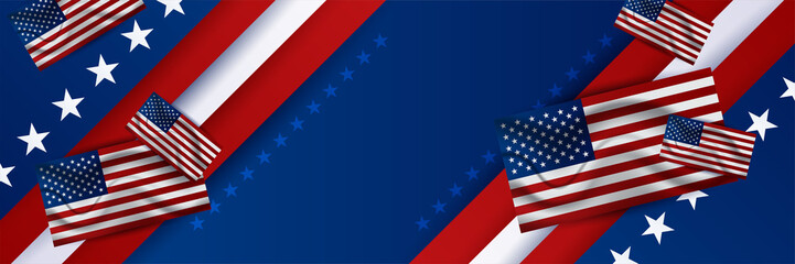 Fototapeta premium 4th July Independence Day of United States America celebration banner background with American flag. Vector illustration. Designed for flyers, template, ads, posters, social media and decorations.