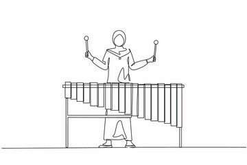 Single one line drawing woman Arabian percussion player play marimba. Young female musician playing traditional Mexican marimba instrument at music festival. Continuous line draw design graphic vector - obrazy, fototapety, plakaty