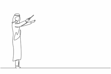 Single continuous line drawing Arab man music conductor. Male musician perform on stage directing symphony orchestra. Classical music performance, instrumental ensemble. One line graphic design vector