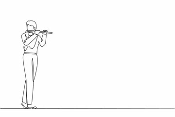 Single continuous line drawing female musician playing flute. Flutist performing classical music on wind instrument. Solo performance of talented flautist. One line graphic design vector illustration © Simple Line