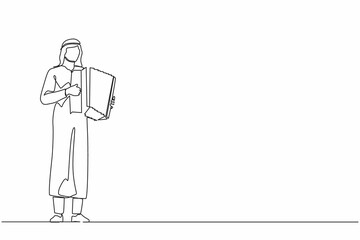 Single continuous line drawing Arab man musician playing accordion. Male performer plays acoustic musical instrument. Accordionist perform playing music instrument. One line draw graphic design vector
