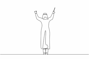 Continuous one line drawing back view of Arab man conductor performing on stage, male musician in tuxedo directing classic instrumental symphony orchestra. Single line draw design vector illustration