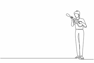 Single continuous line drawing joyful girl playing on ukulele and singing having fun. Female musician holding small guitar and singing. Woman play on musical instrument. One line graphic design vector