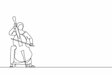 Single continuous line drawing Arab female performer playing on contrabass. Cellist woman playing cello, musician playing classical music instrument. One line draw graphic design vector illustration
