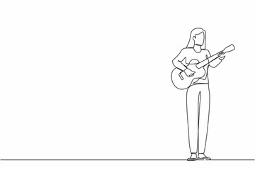 Continuous one line drawing young woman playing acoustic guitar. Teenage girl musician playing strings at musical performance. Professional musician. Single line design vector graphic illustration