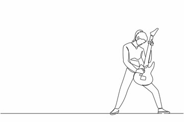 Single one line drawing female musician playing electric guitar. Woman practicing in playing guitar. Guitarist perform playing music instrument on stage. Continuous line draw design graphic vector