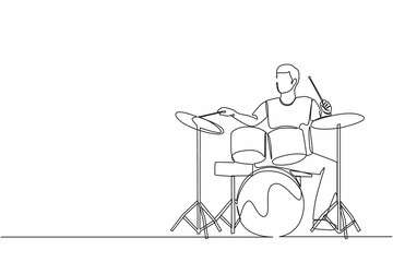 Single one line drawing male musician, jazz, rock and roll playing drum instruments, percussion. Music festival, pop concert, wedding party performance. Continuous line draw design vector illustration
