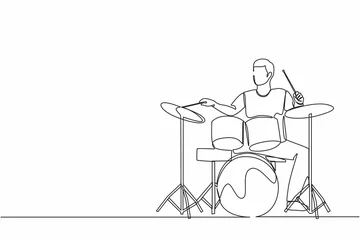 Fotobehang Single one line drawing male musician, jazz, rock and roll playing drum instruments, percussion. Music festival, pop concert, wedding party performance. Continuous line draw design vector illustration © Simple Line