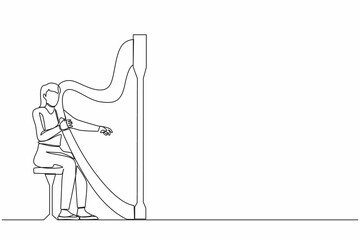 Single continuous line drawing woman musician playing harp. Classical music performer character with musical instrument. Female sitting, playing harp. One line draw graphic design vector illustration