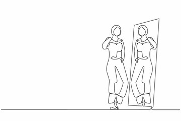 Single continuous line drawing Arab businesswoman choosing hijab for business meeting. Woman trying on clothes at home. Girl with style. Mirror with female reflection. One line graphic design vector
