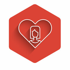 White line Heart with female icon isolated with long shadow background. Venus symbol. The symbol for a female organism or woman. Red hexagon button. Vector