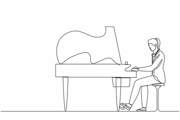 Single one line drawing woman plays piano. Female performer sits at musical instrument and plays jazz or blues. Professional musician. Person performs on stage. Continuous line design graphic vector