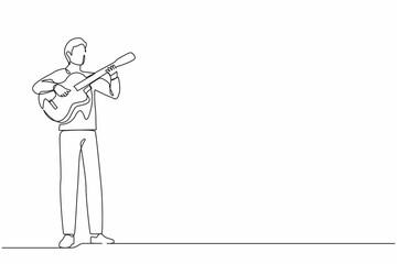 Single continuous line drawing young man playing acoustic guitar. Teenage boy musician playing strings at musical performance. Professional musician. One line draw graphic design vector illustration