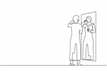 Continuous one line drawing Arabian businesswoman wearing formal hijab making selfie in stand in front of mirror. Woman taking selfie. Addiction on smartphone, internet. Single line draw design vector