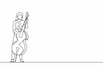 Continuous one line drawing double bass player standing with big string instrument. Woman musician playing classical music with fingers. Professional contrabassist. Single line graphic design vector