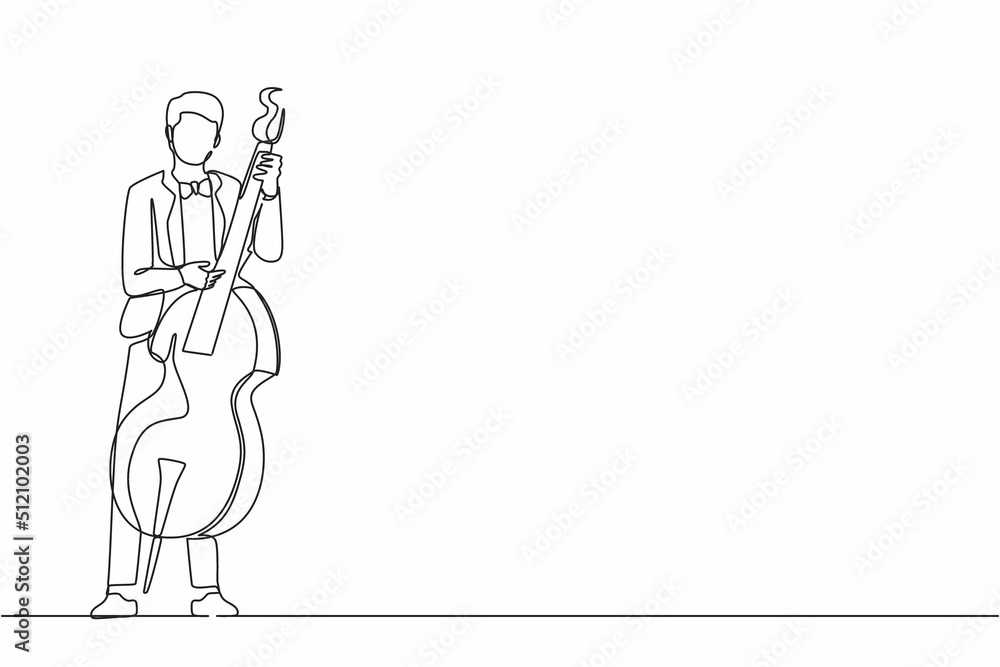 Poster continuous one line drawing double bass player standing with big string instrument. man musician pla