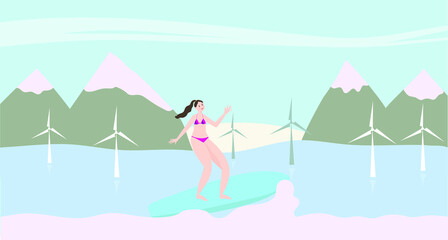 Landscape with windmills and surfer. Wind power generator.