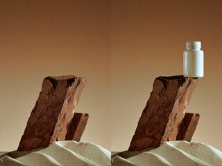 Rock pedestal in desert sand for cosmetic product placement. Podium of brown stone, natural empty...